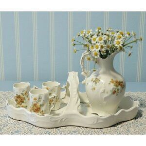 Antique French miniature 5pc teaset w/orange floral